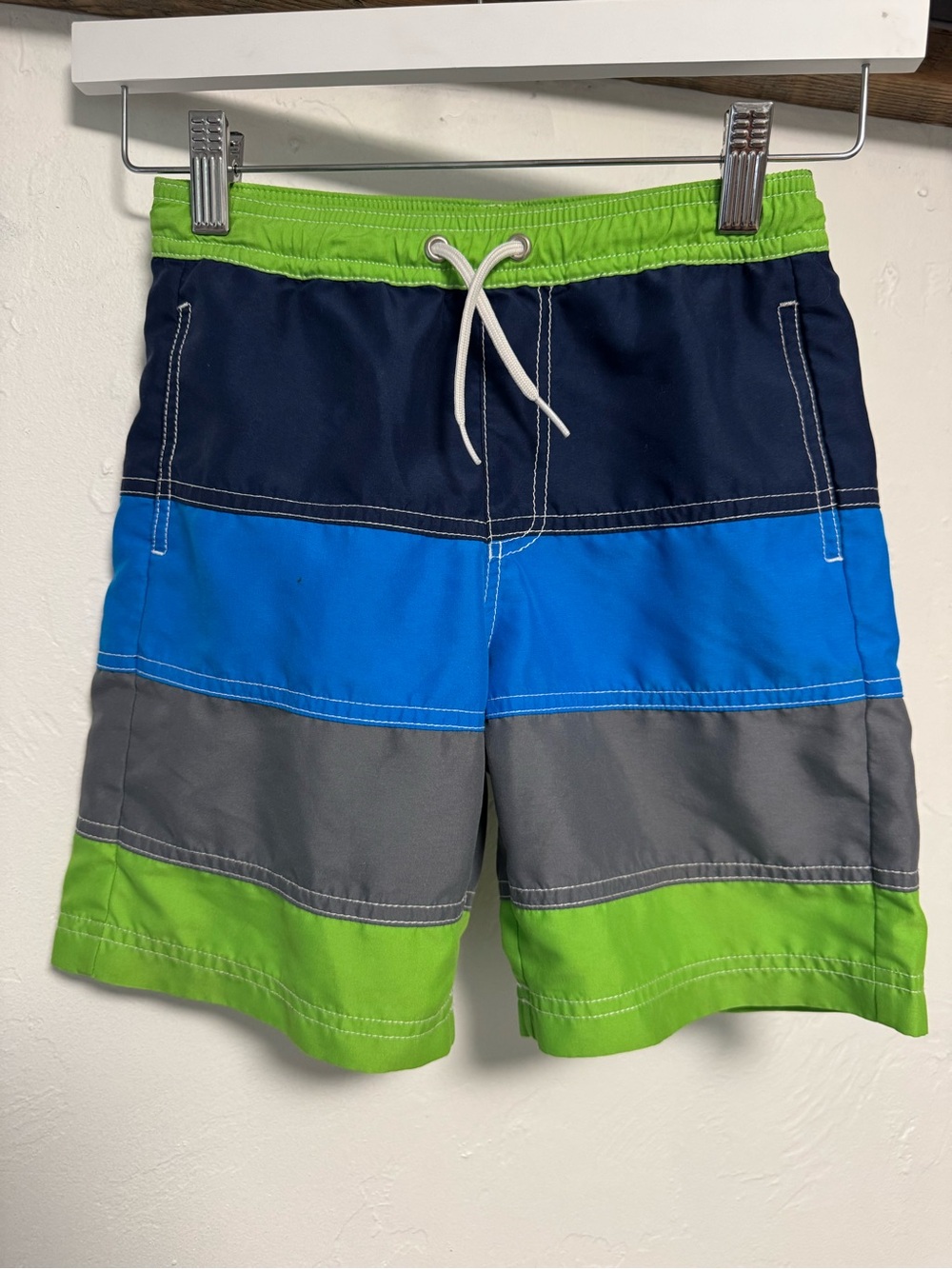 Hanna Anderson kids Colorblock Swim Shorts in Navy, Blue, Gray & Green